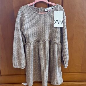 ZARA Girls Beige Ribbed Knit Long-Sleeve Dress